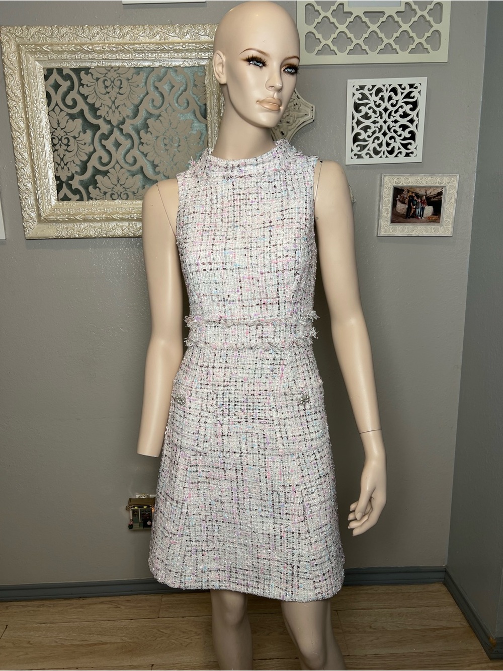 Sleeveless Tweed A-Line Dress in Pastel Pink - Picture 3 of 15